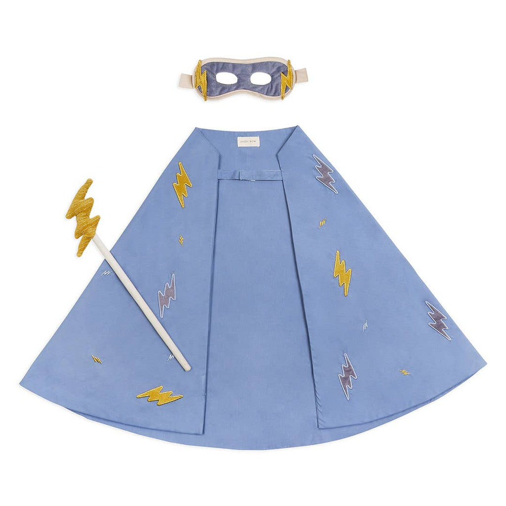 Blue superhero cape with yellow lightning bolts, a mask, and a staff on a white background