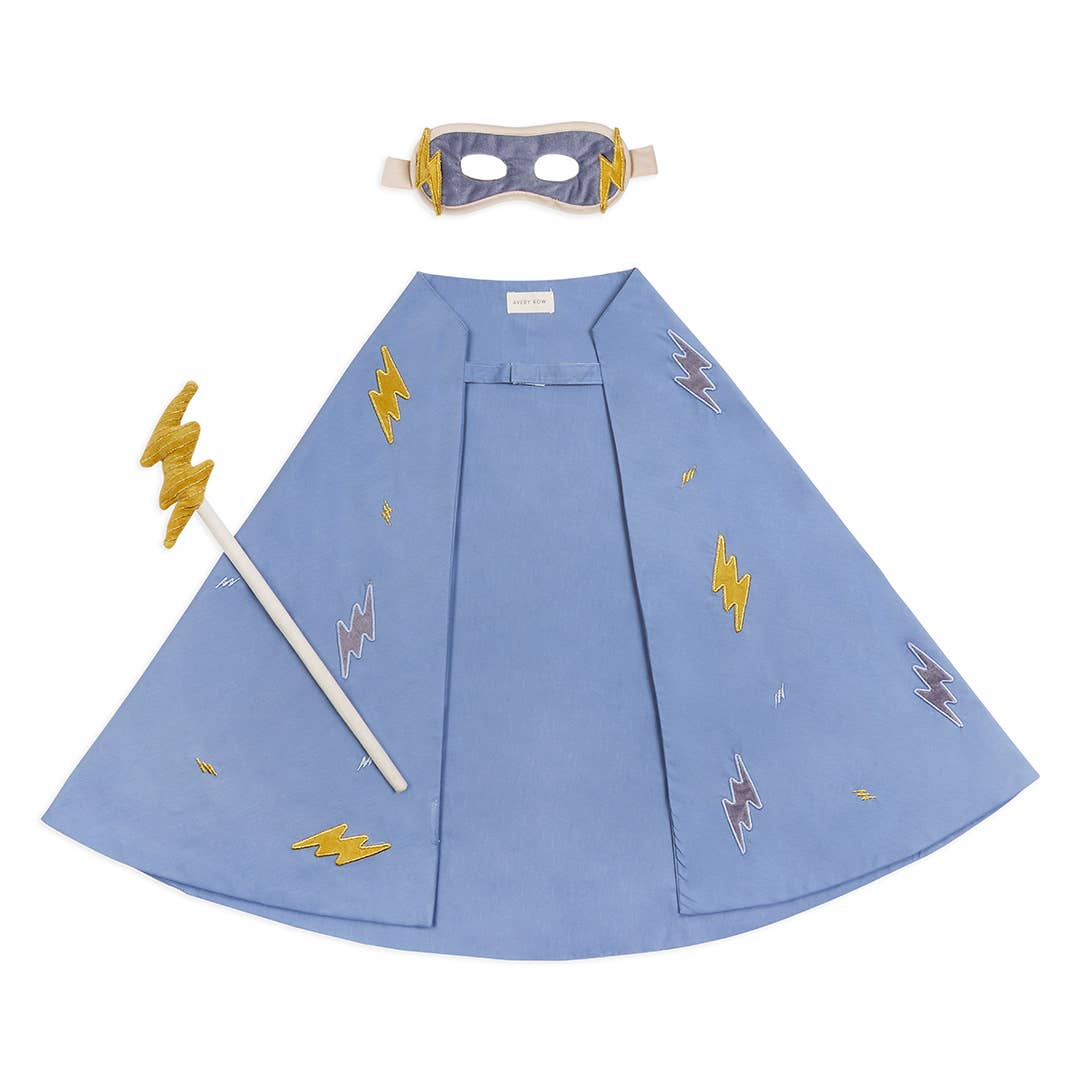 Blue superhero cape with yellow lightning bolts, a mask, and a staff on a white background