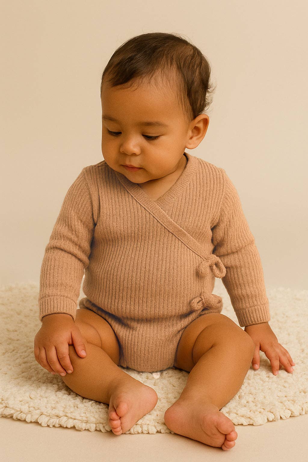 Baby wearing a beige ribbed romper sitting on a textured surface with a neutral background