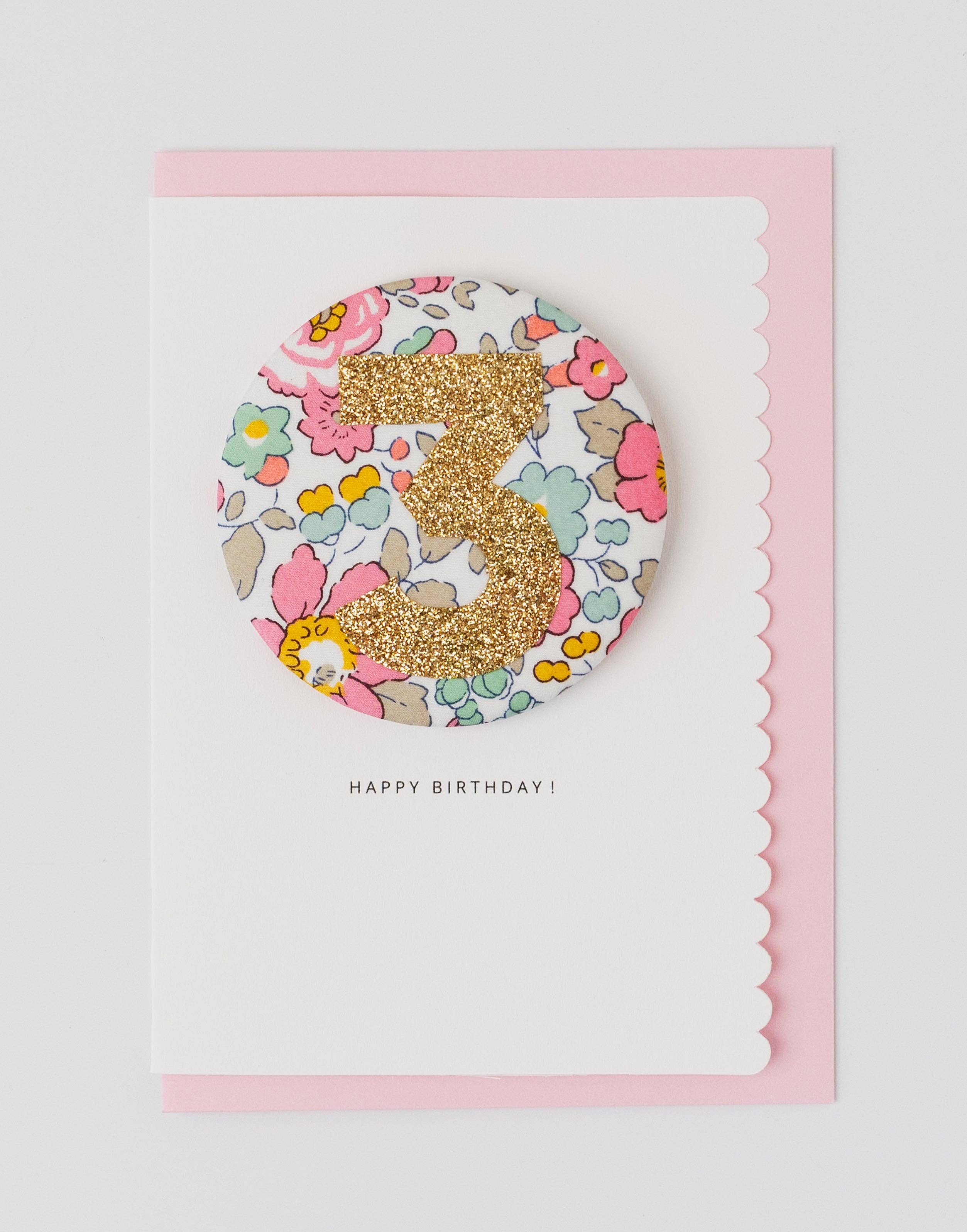 Birthday Card with Liberty 'Betsy Pink' Badge Age 3