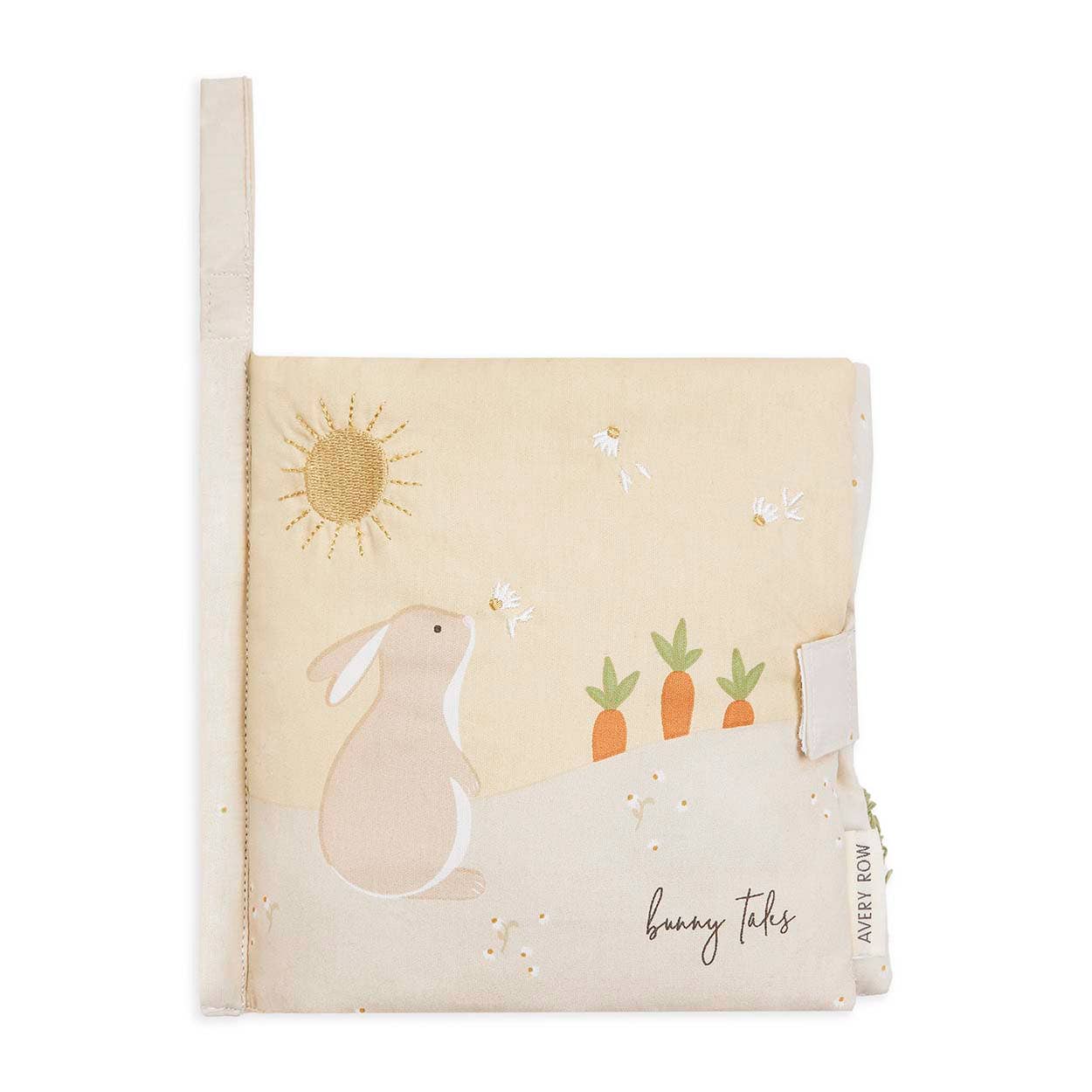 Baby fabric book with bunny design and sun on a white background