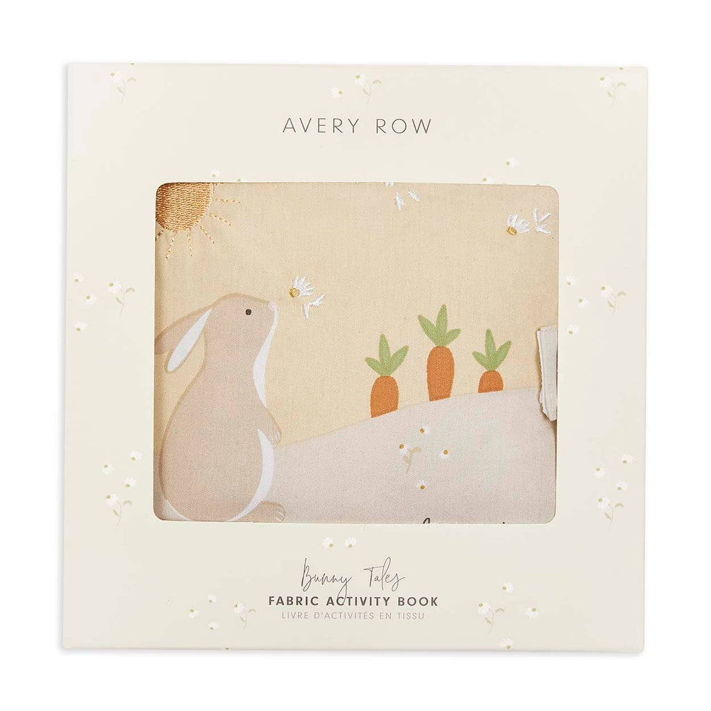 Fabric activity book with bunny illustration on a beige background