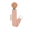 Pink baby pacifier clip with wooden top on a white background, featuring 'Avery Row' brand.
