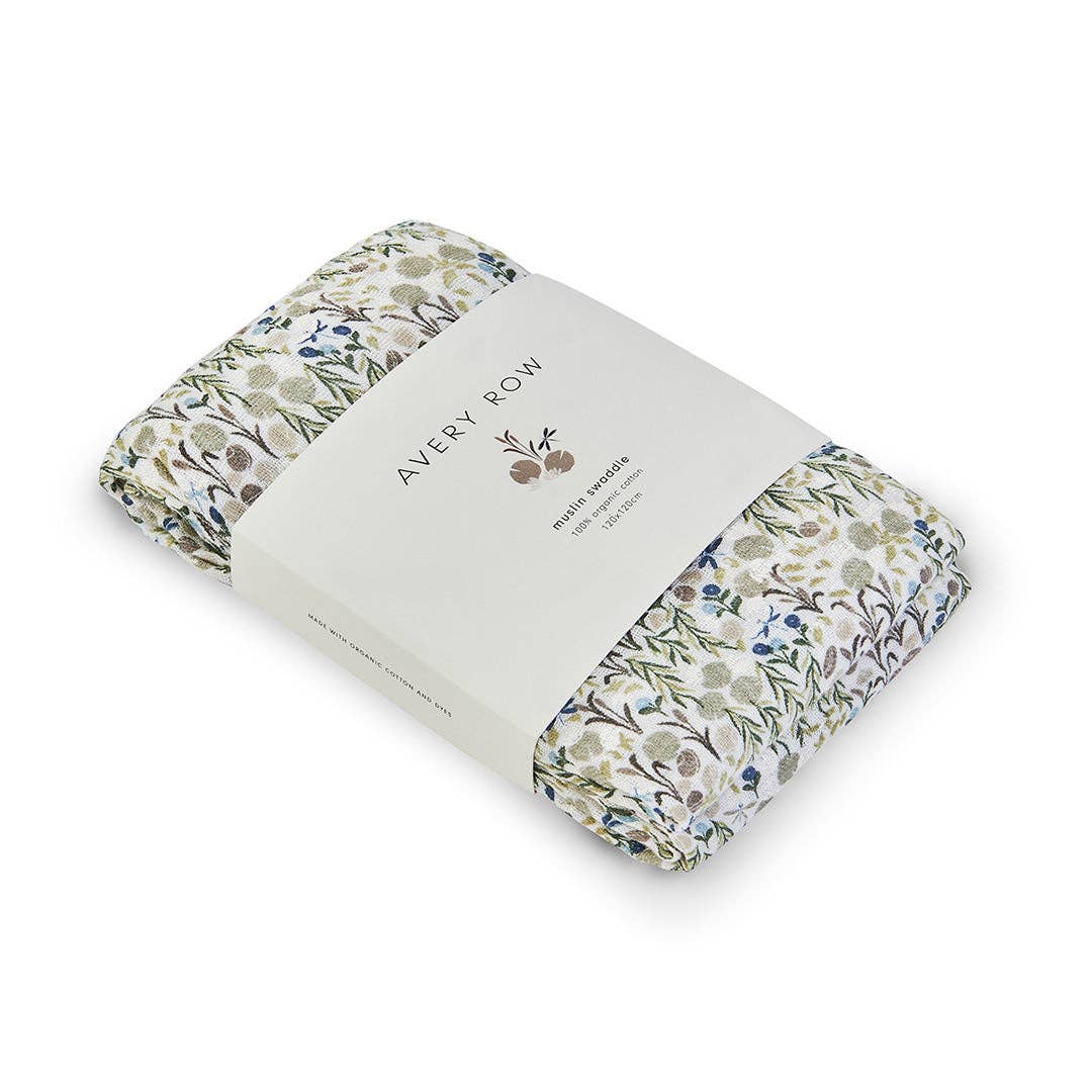 Floral-patterned product packaging with 'Avery Row' branding on a white background