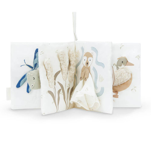 Children's soft book with animal illustrations on a white background