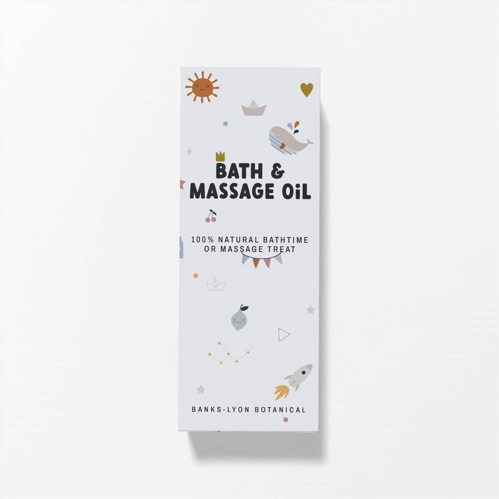 Bath and massage oil packaging with illustrations on a white background