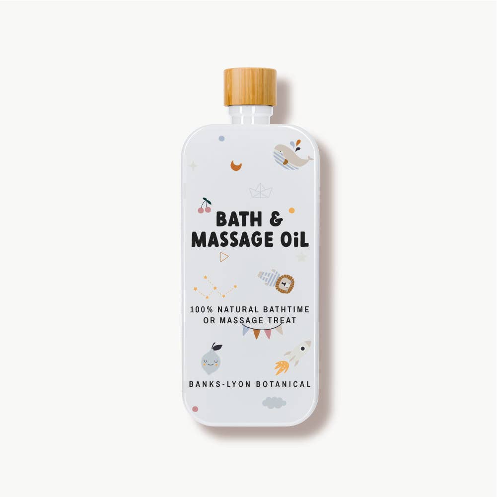 Bath and massage oil bottle with a white label on a white background