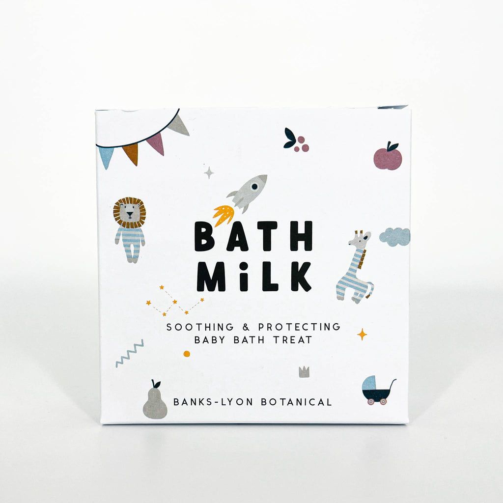 Bath milk packaging with cartoon illustrations on a white background