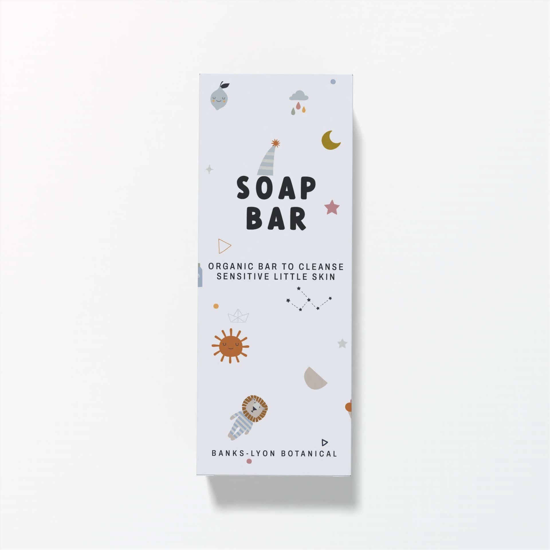Soap bar packaging with cartoon illustrations on a white background