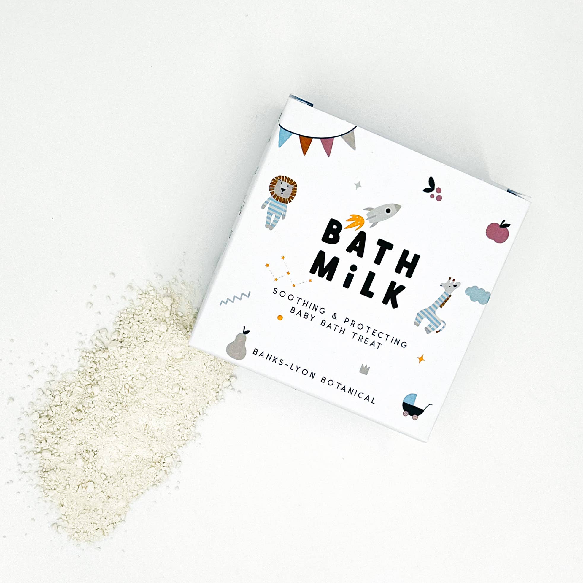 Bath milk packaging with white powder on a light background