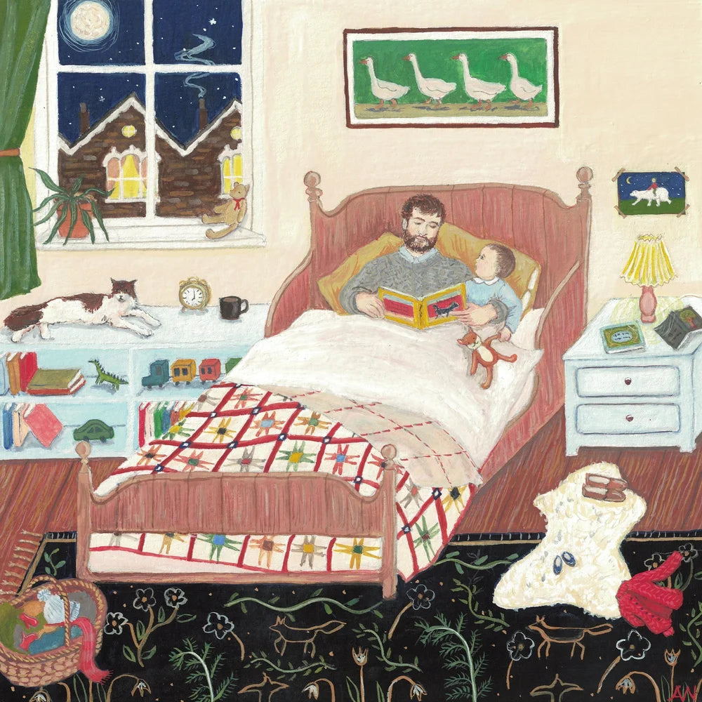 Illustration of a man reading to a child in bed with a teddy bear, surrounded by toys and a window view.