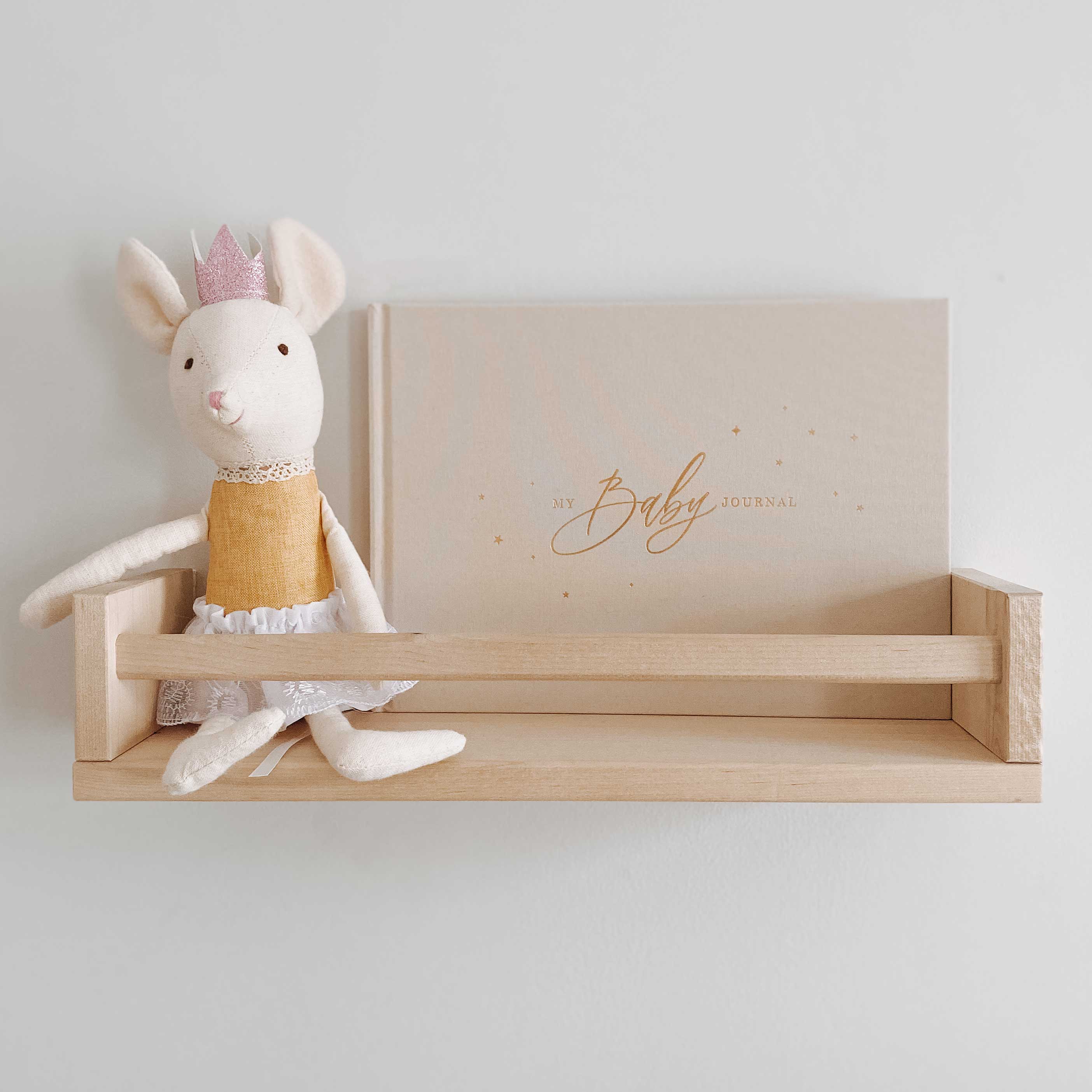 Baby Journal on a wooden shelf against a white wall.
