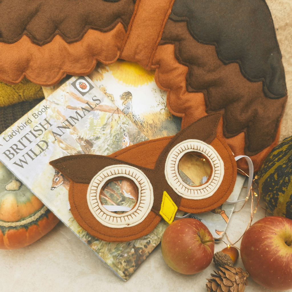 Owl-themed children's book with a plush owl toy and apples on a wooden surface