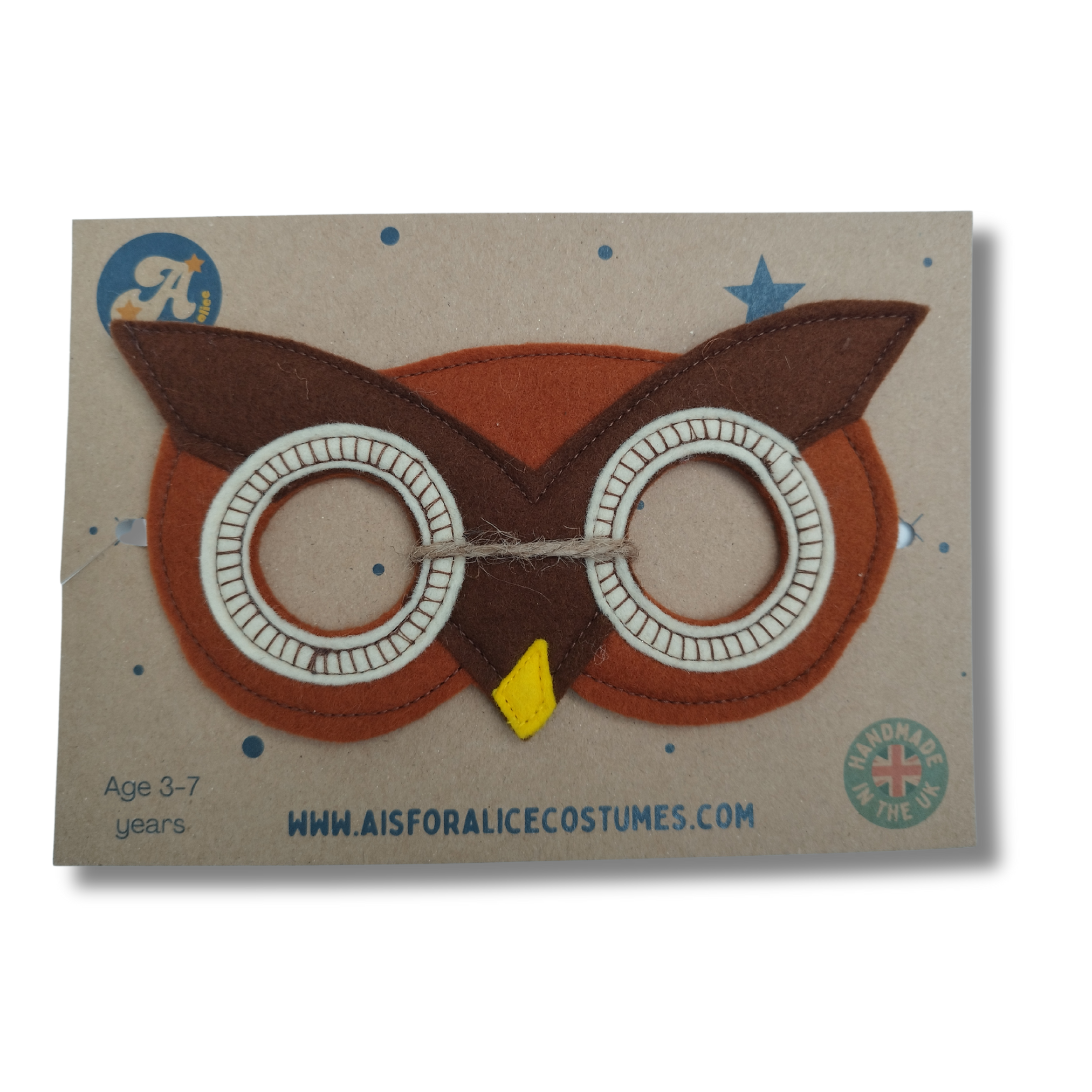 Owl-themed children's mask on a cardboard backing with branding information.
