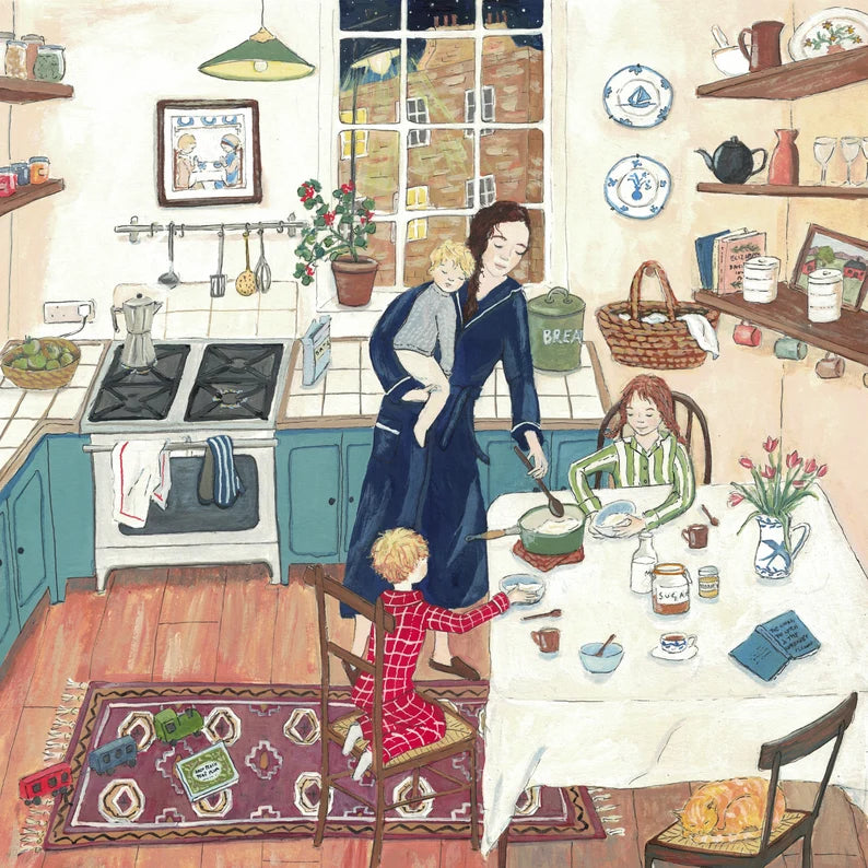 Illustration of a family in a kitchen with a woman holding a child and another child at the table.