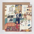 Illustrated card of a family in a kitchen