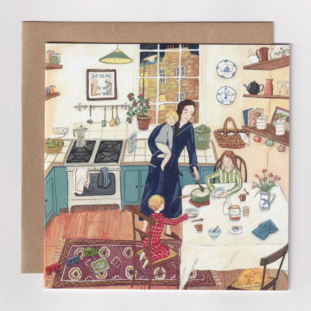 Illustrated card of a family in a kitchen