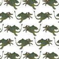Pattern of green dragons with a figure wearing a bonnet on a white background