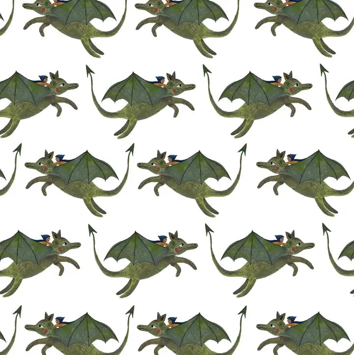Pattern of green dragons with a figure wearing a bonnet on a white background