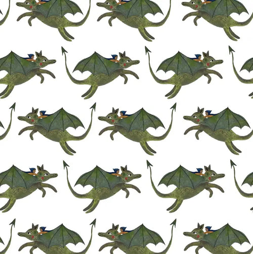 Pattern of green dragons with a figure wearing a bonnet on a white background