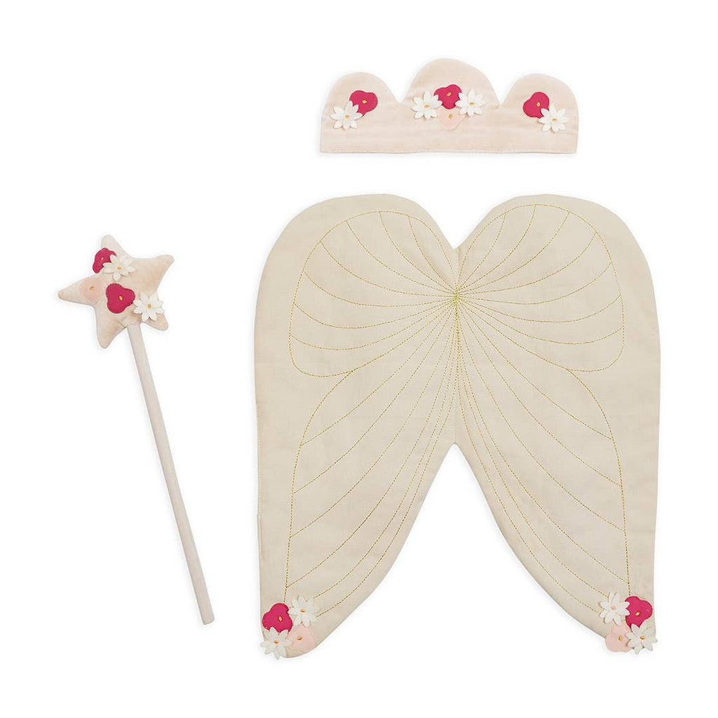 Set of fairy wings, wand, and tiara with floral decorations on a white background