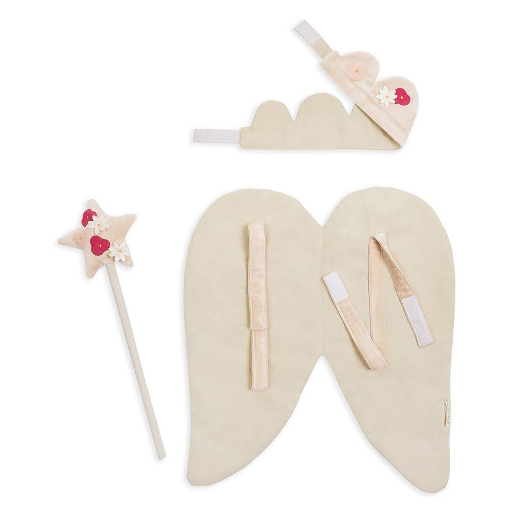 Fairy dress up set, wings, headband, and wand on a white background