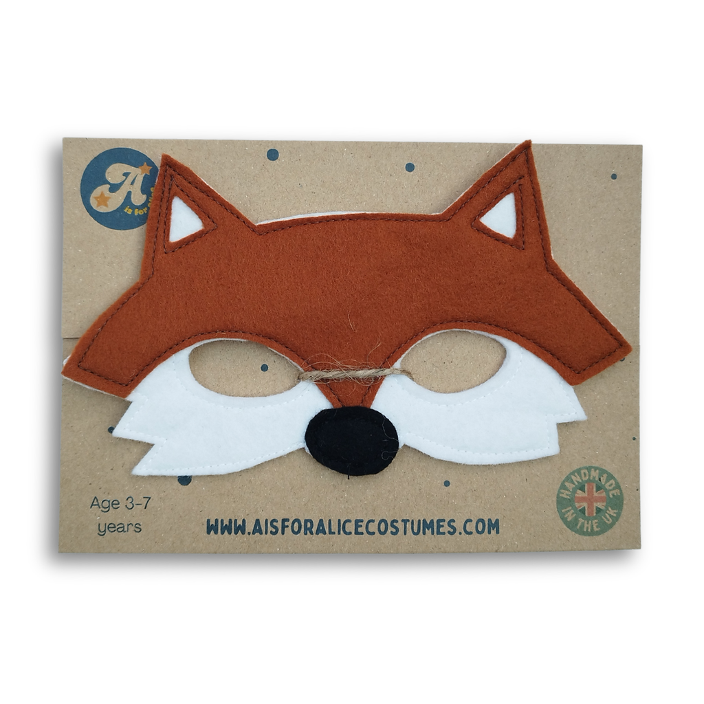Fox mask on a cardboard backing with branding and website information.