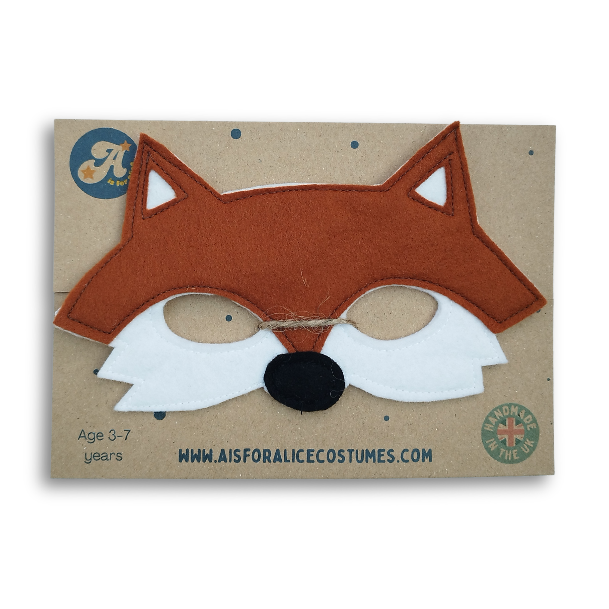Fox mask on a cardboard backing with branding and website information.