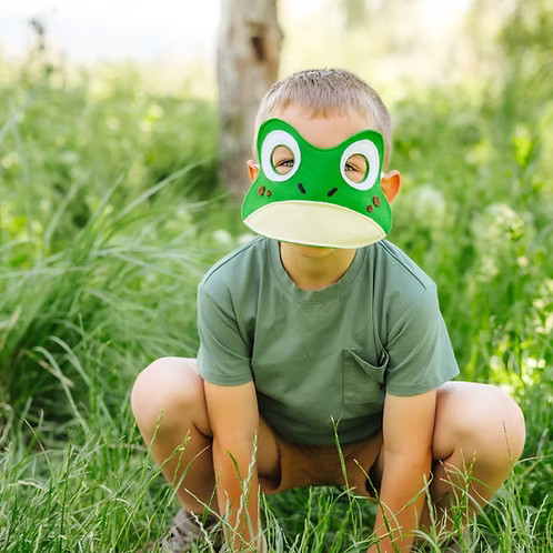 Boy wearing a felt frog mask