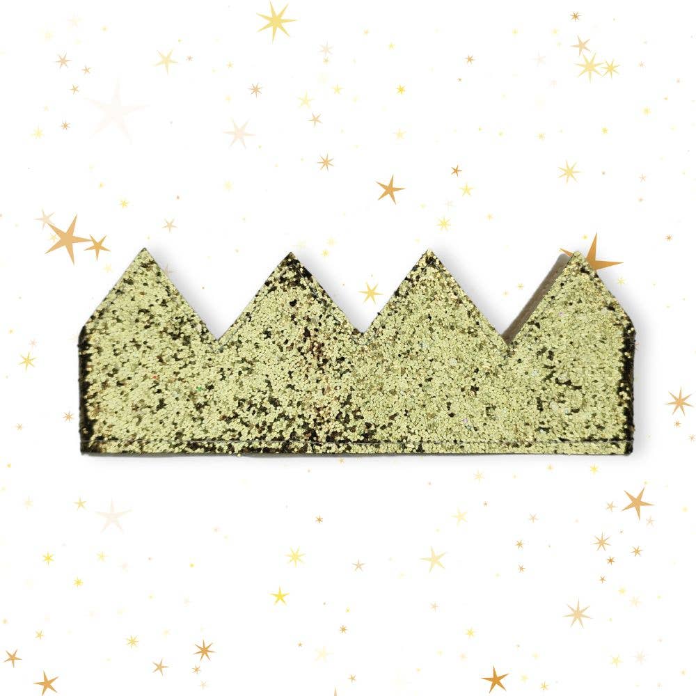 Gold glittery crown on a white background with gold stars