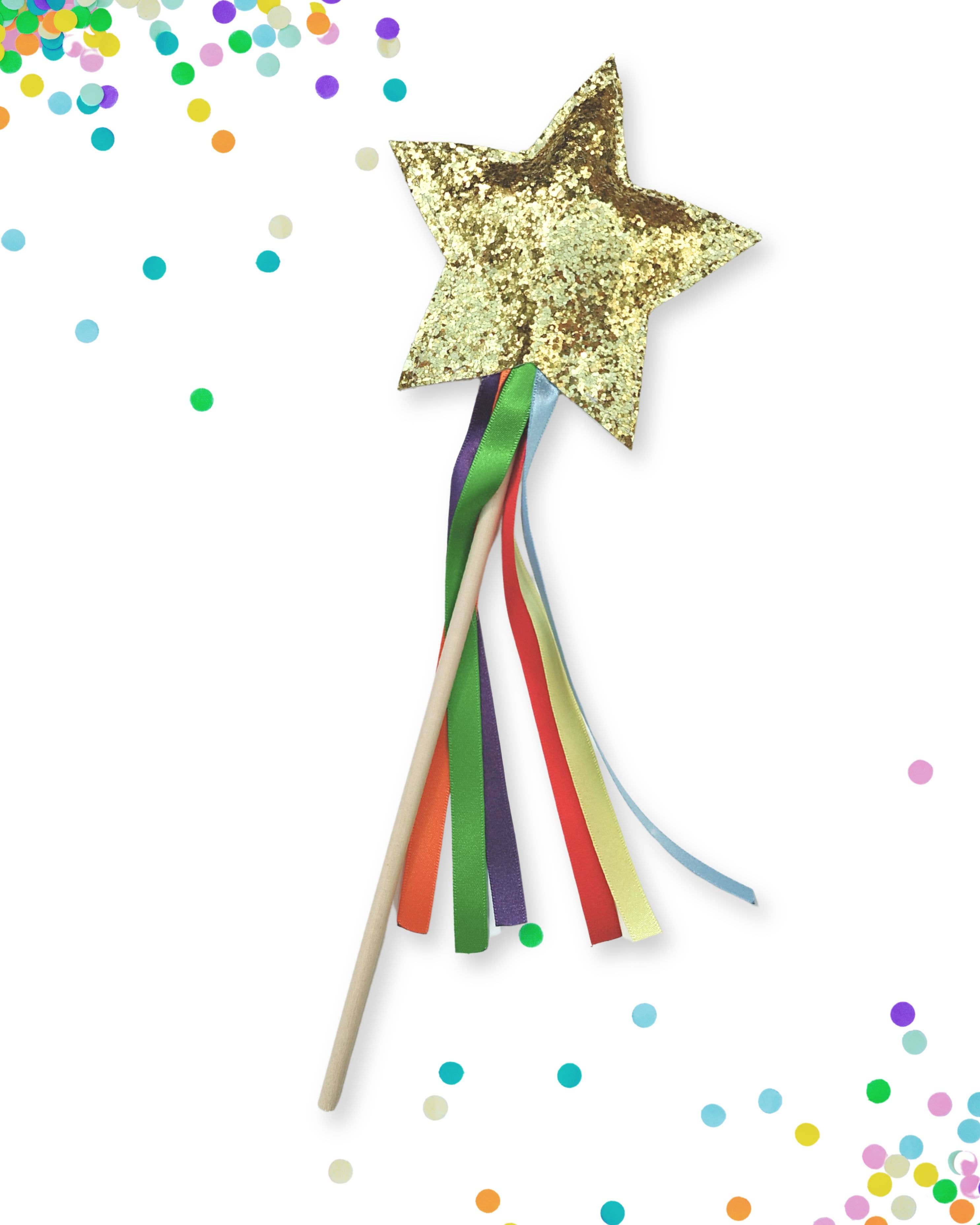 Gold star-shaped wand with colorful ribbons on a white background with confetti.