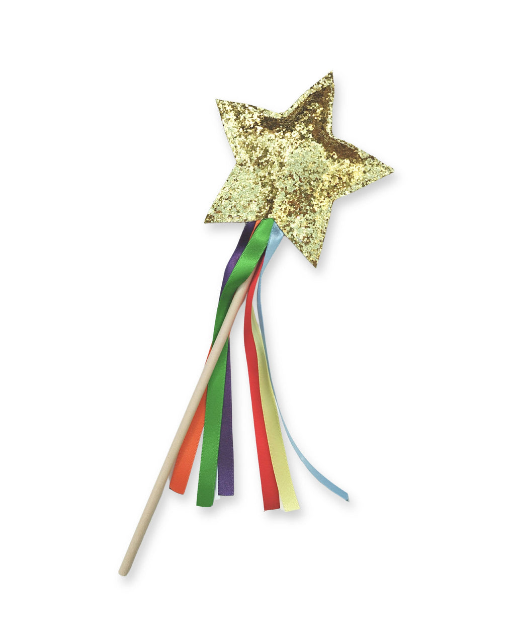 Gold star-shaped wand with colorful ribbons on a white background