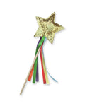 Gold star-shaped wand with colorful ribbons on a white background