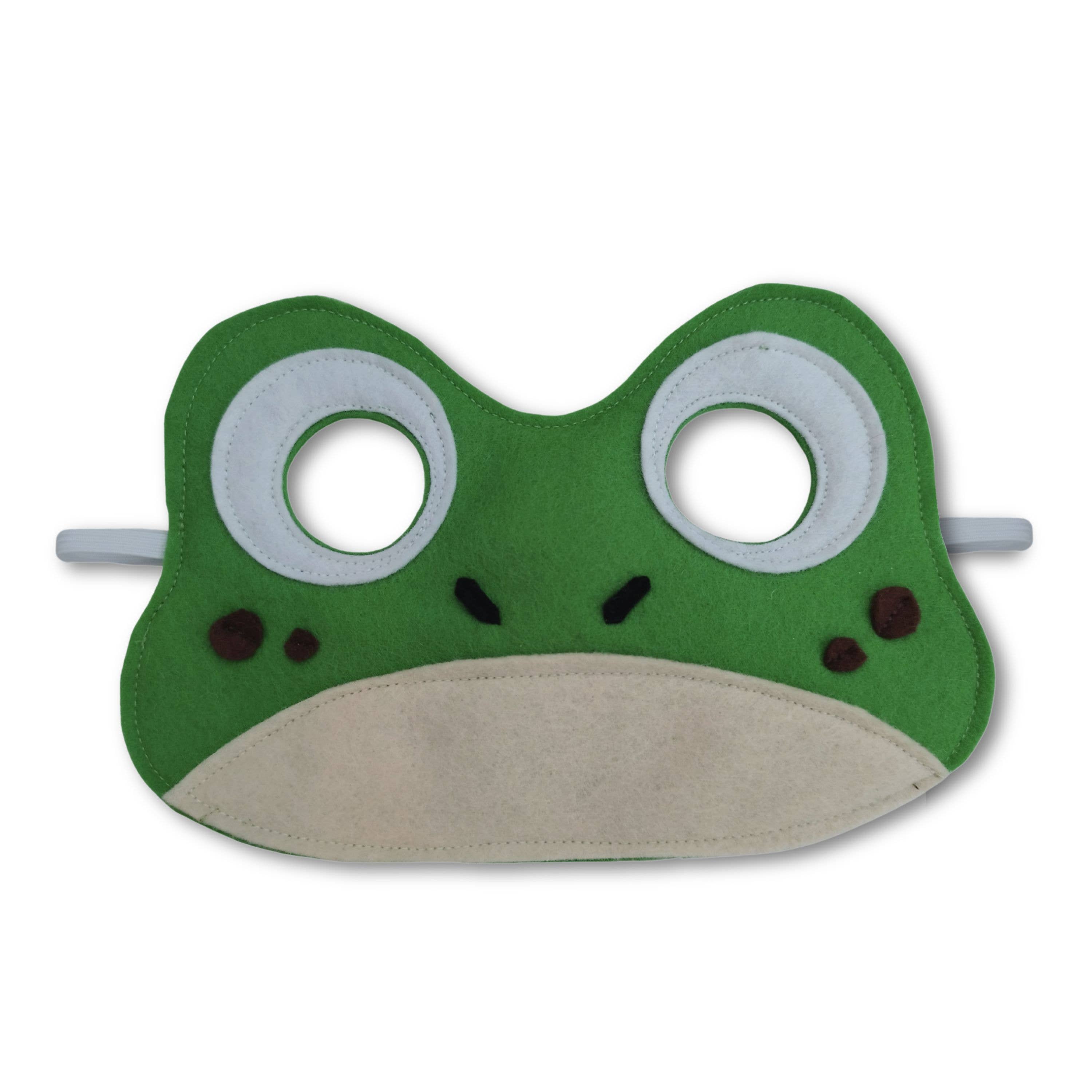 Green frog mask with large eyes on a white background