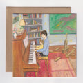 Illustration of a woman and child playing piano in a room with books and artwork.