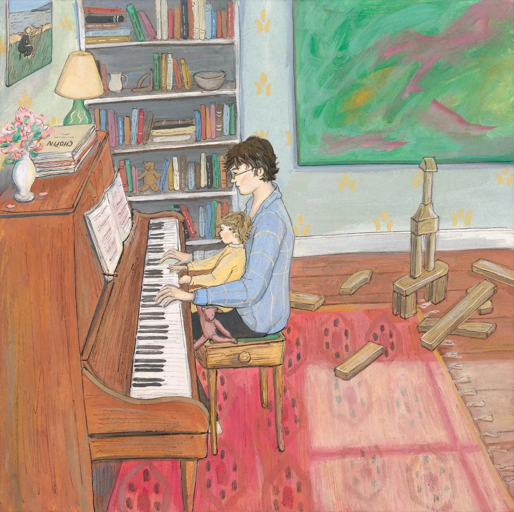 Illustration of a person playing a piano with a child on their lap in a room filled with books and toys.