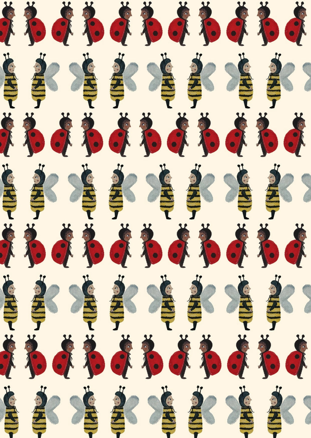 Pattern of children in bee and ladybi costumes on a beige backgroundd