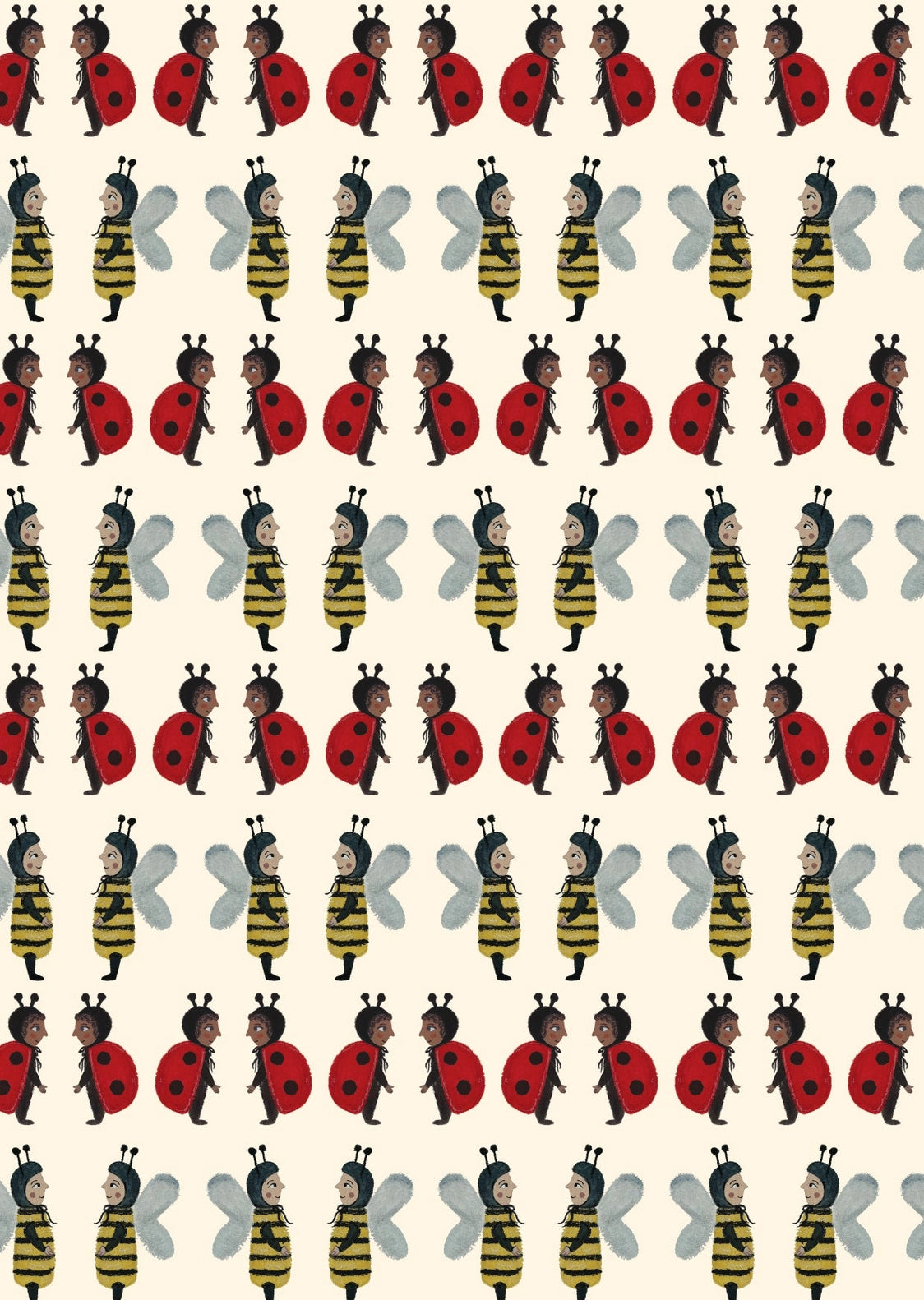 Pattern of children in bee and ladybi costumes on a beige backgroundd