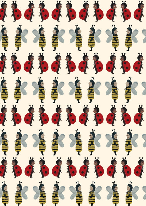 Pattern of children in bee and ladybi costumes on a beige backgroundd