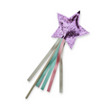 Pink star-shaped wand with colorful ribbons on a white background