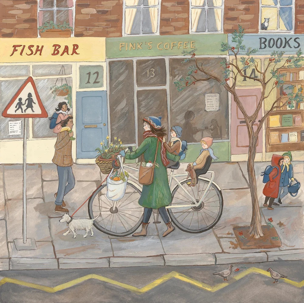 Illustration of a street scene with people, a bicycle, and storefronts including a fish bar and a coffee shop.