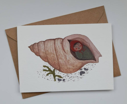 Card with a shell and mermaid illustration on a white background