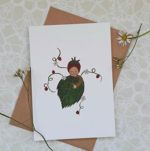Card with a leaf-themed illustration of a child on a textured surface with flowers.