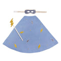 Blue superhero cape with lightning bolt patterns, white mask, and yellow lightning bolts on a white background