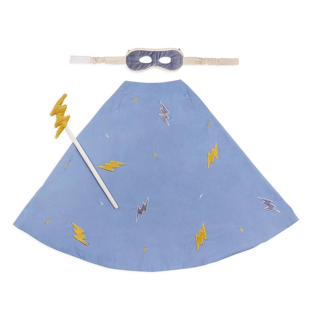 Blue superhero cape with lightning bolt patterns, white mask, and yellow lightning bolts on a white background