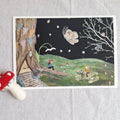 Children's illustration of a forest scene with characters and animals on a textured surface.