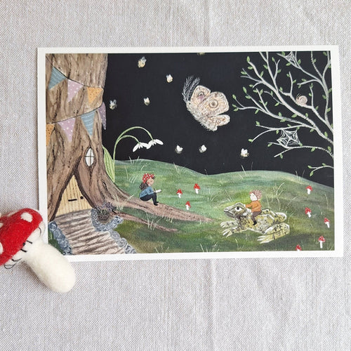 Children's illustration of a forest scene with characters and animals on a textured surface.