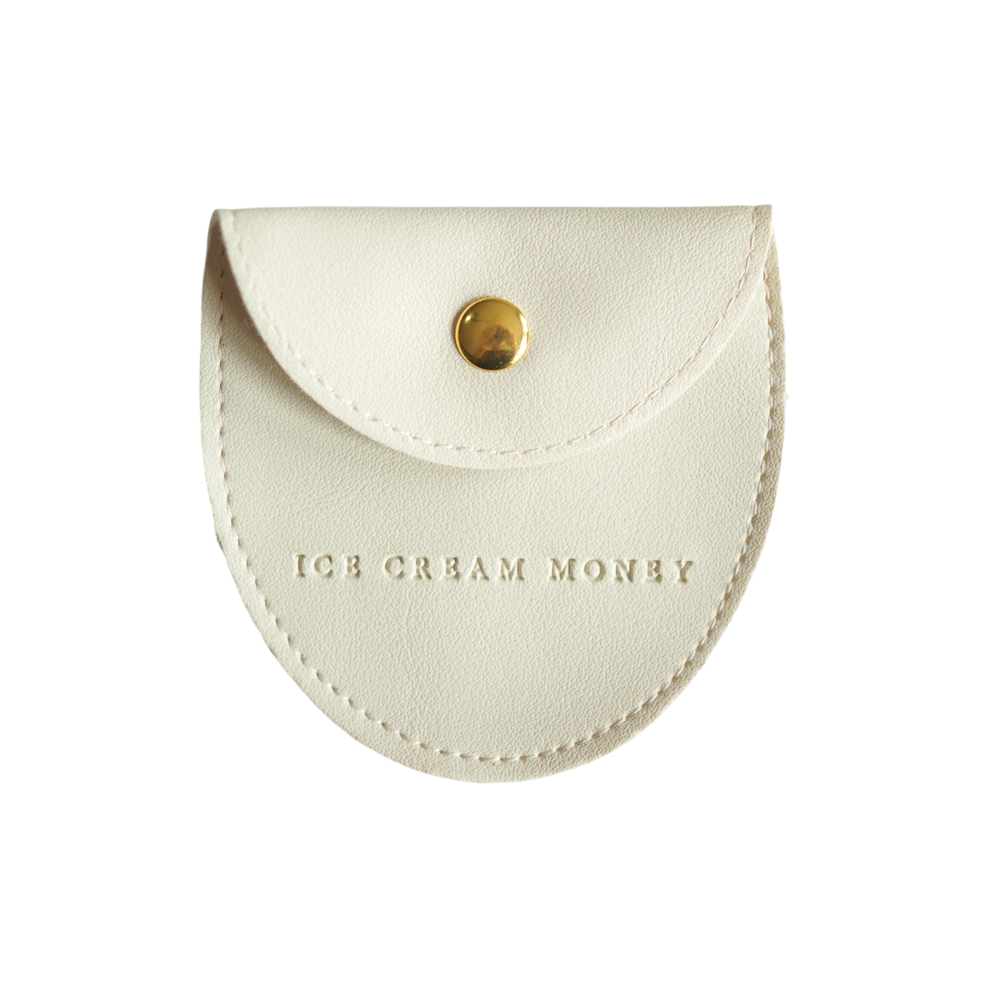 White half-circle pouch with gold button and 'Ice Cream Money' text on a white background