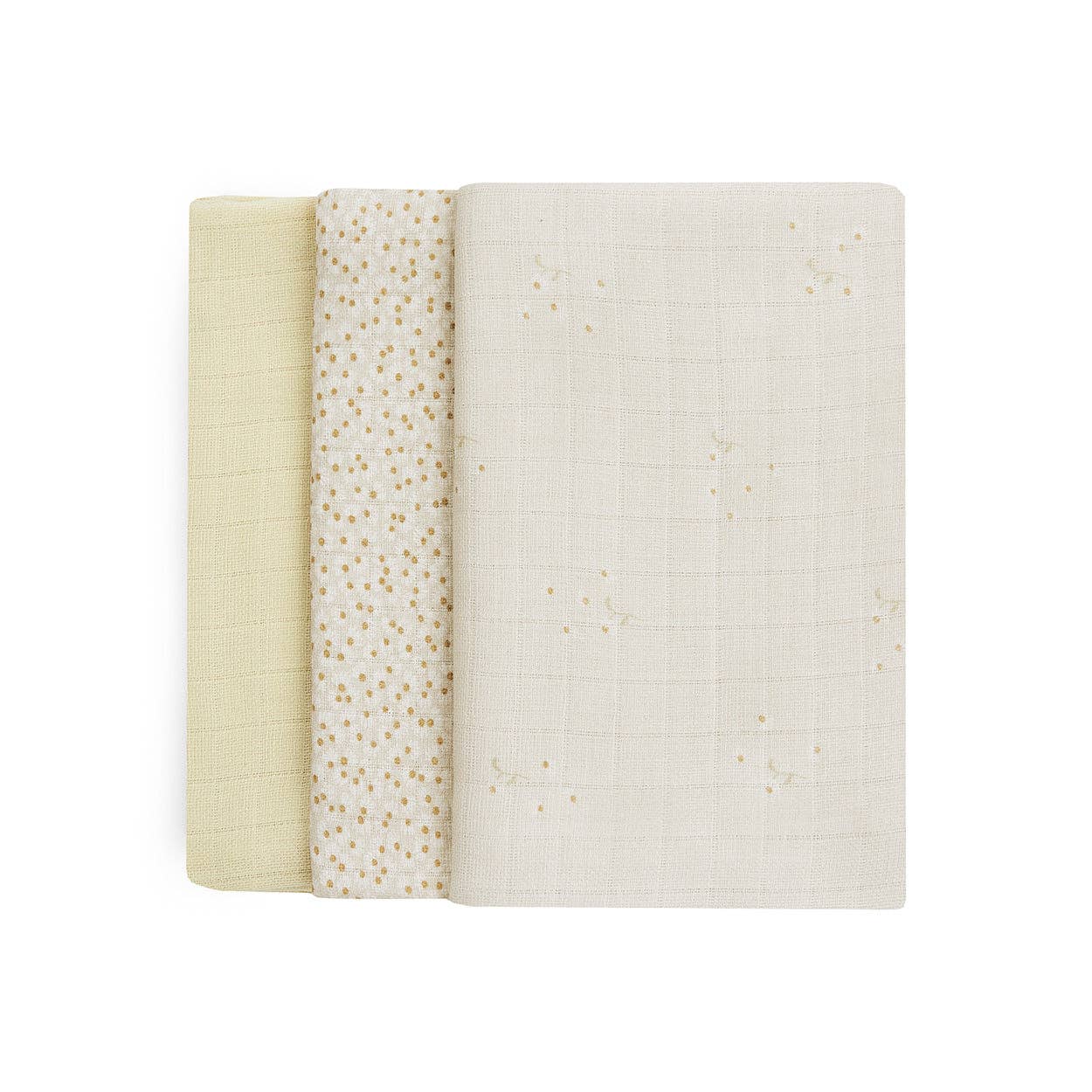 Three muslin swaddles in beige, white, and a patterned design on a white background