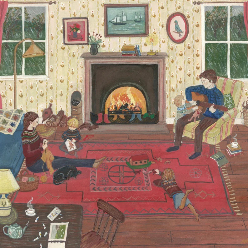 Painting of a family gathered around a fireplace in a cozy living room.